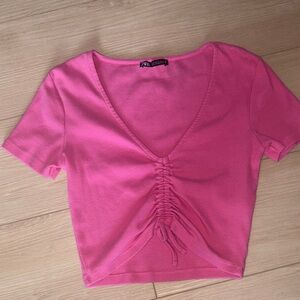 Zara Pink Ruched V-Neck Top